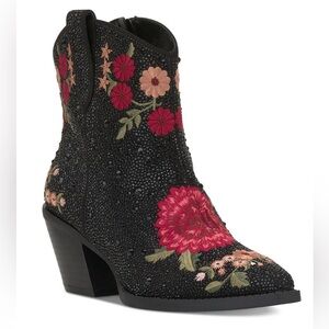 INC Womens Jersey 2 Western Cowboy Boots rhinestone black with flowers size 7